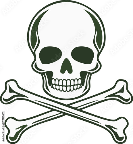 Skull and crossbones symbol with dark green outline danger