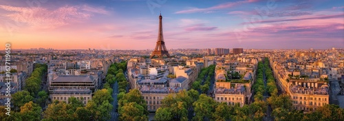 Panoramic view of Paris at sunset, Eiffel Tower prominent