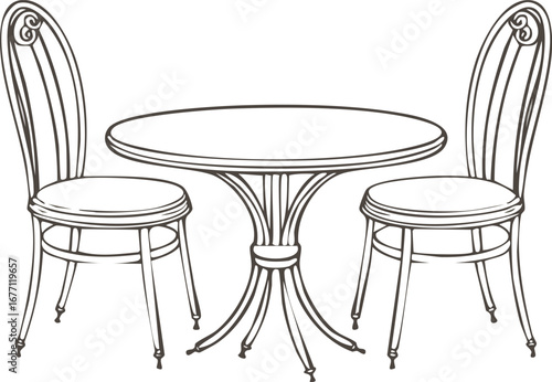 Ornate bistro table and chairs drawing outdoor cafe