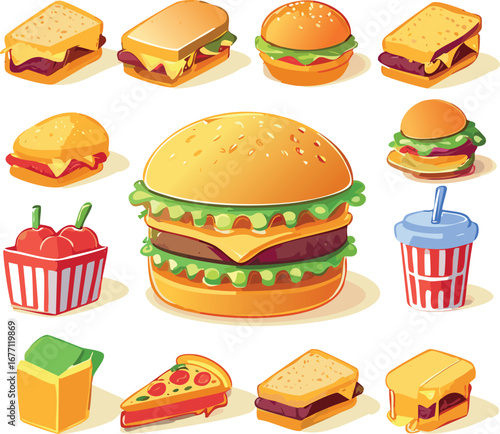 Assorted delicious fast food items with burgers sandwiches and pizza french fries