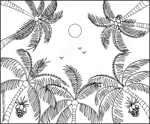 Hello summer with beautiful tree and sky in natural scenery vector outline coloring page for kids and adults 