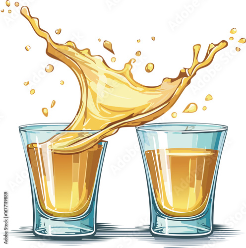 Amber liquid splashing between two shot glasses alcoholic beverage