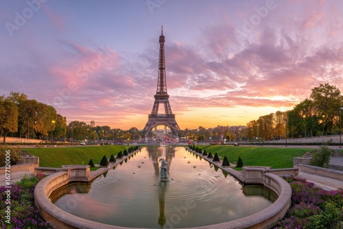 Parisian sunrise reflecting on a tranquil pond, showcasing the Eiffel Tower