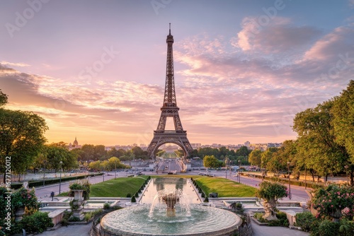 Eiffel Tower at sunrise, Paris, France.  Park and fountain in foreground