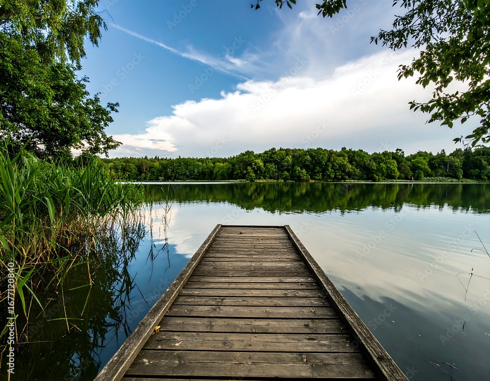 Obraz premium Lakeside Dock, Peaceful Scene, Reflection
