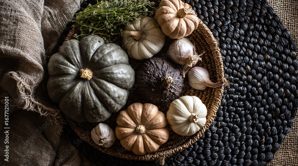 Fototapeta premium Delicate fall veggies placed over woven charcoal placemat, cozy styling, neutral palette