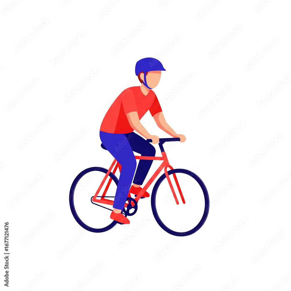 Fototapeta premium A person wearing a helmet rides a red bicycle on a white background.