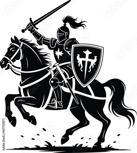 Black silhouette of a medieval knight on horseback with sword and shield, castle in background, fantasy warrior, armor, galloping horse.