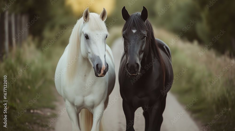 Obraz premium White and black horses walking together on forest path with bokeh background, highlighting mane texture and natural serenity.