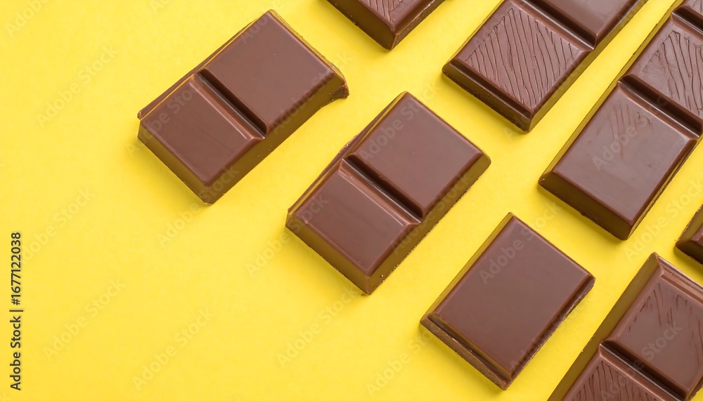 Fototapeta premium Dark chocolate bars arranged on yellow background