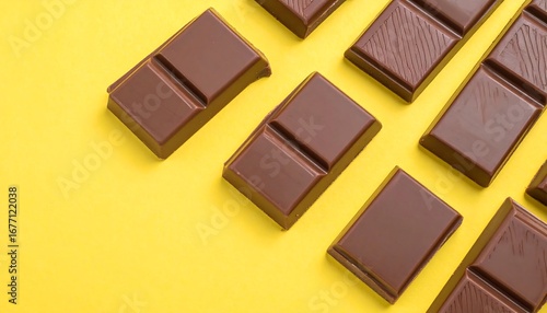 Dark chocolate bars arranged on yellow background