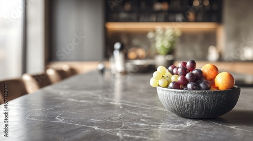 Fototapeta Naklejka Na Ścianę i Meble -  An elegant modern kitchen with charcoal and marble textures, minimal autumn fruits in bowl