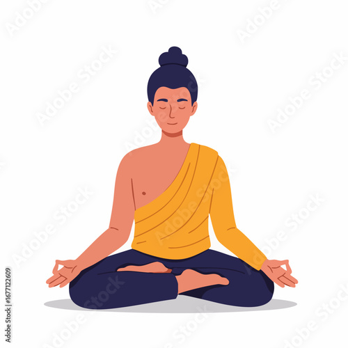 Vector illustration of a serene man meditating in the lotus yoga pose, symbolizing mindfulness and spiritual enlightenment