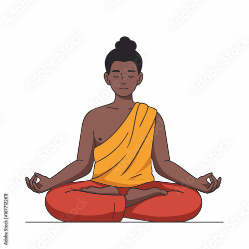A serene dark-skinned man in traditional orange robes meditates in the lotus position, a concept of mindfulness, spiritual wellness, and inner peace