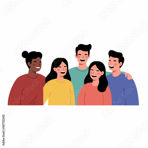 Diverse group of happy young friends standing together in unity, a flat vector illustration of community and togetherness