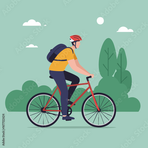 Active young man enjoying a healthy lifestyle by riding his bicycle through a park. Vector illustration of a cyclist commuting outdoors