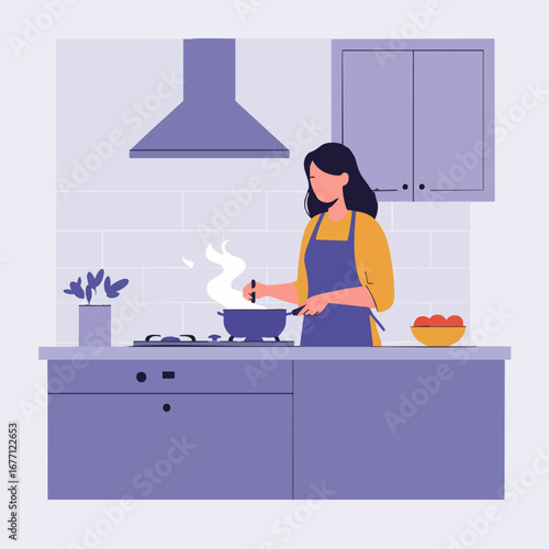 Illustration of a woman in an apron cooking a healthy meal on the stove, enjoying a domestic lifestyle in a modern kitchen
