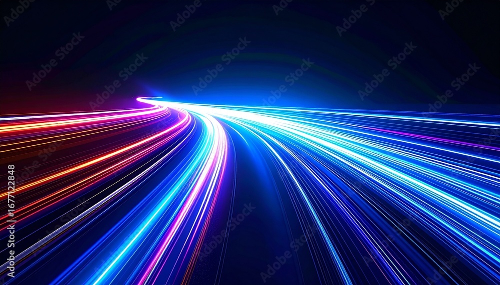 Obraz premium 速度 光 未来 テクノロジー 抽象 夜景 軌跡 流線 エネルギー サイバー 疾走 データ 幻想 トンネル デジタル 電光 加速 SF 高速道路 光の道