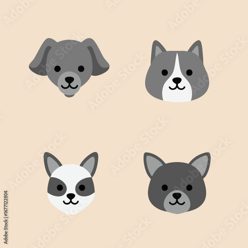 A charming collection of minimalist pet portraits. Set of cute dog and cat head icons for animal-related design projects