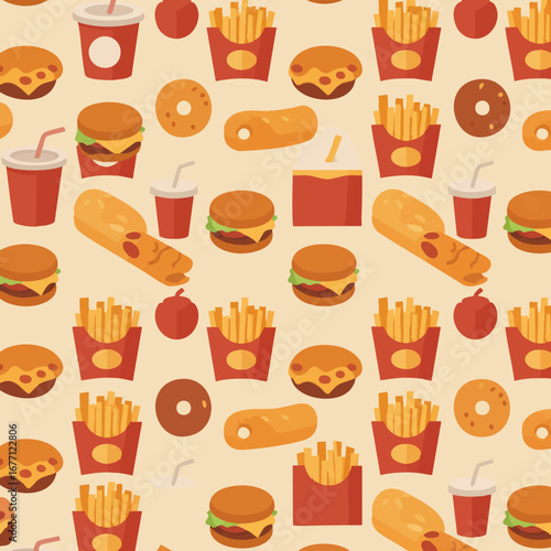Playful repeating pattern of classic fast food illustrations, a colorful seamless background for culinary or restaurant themes