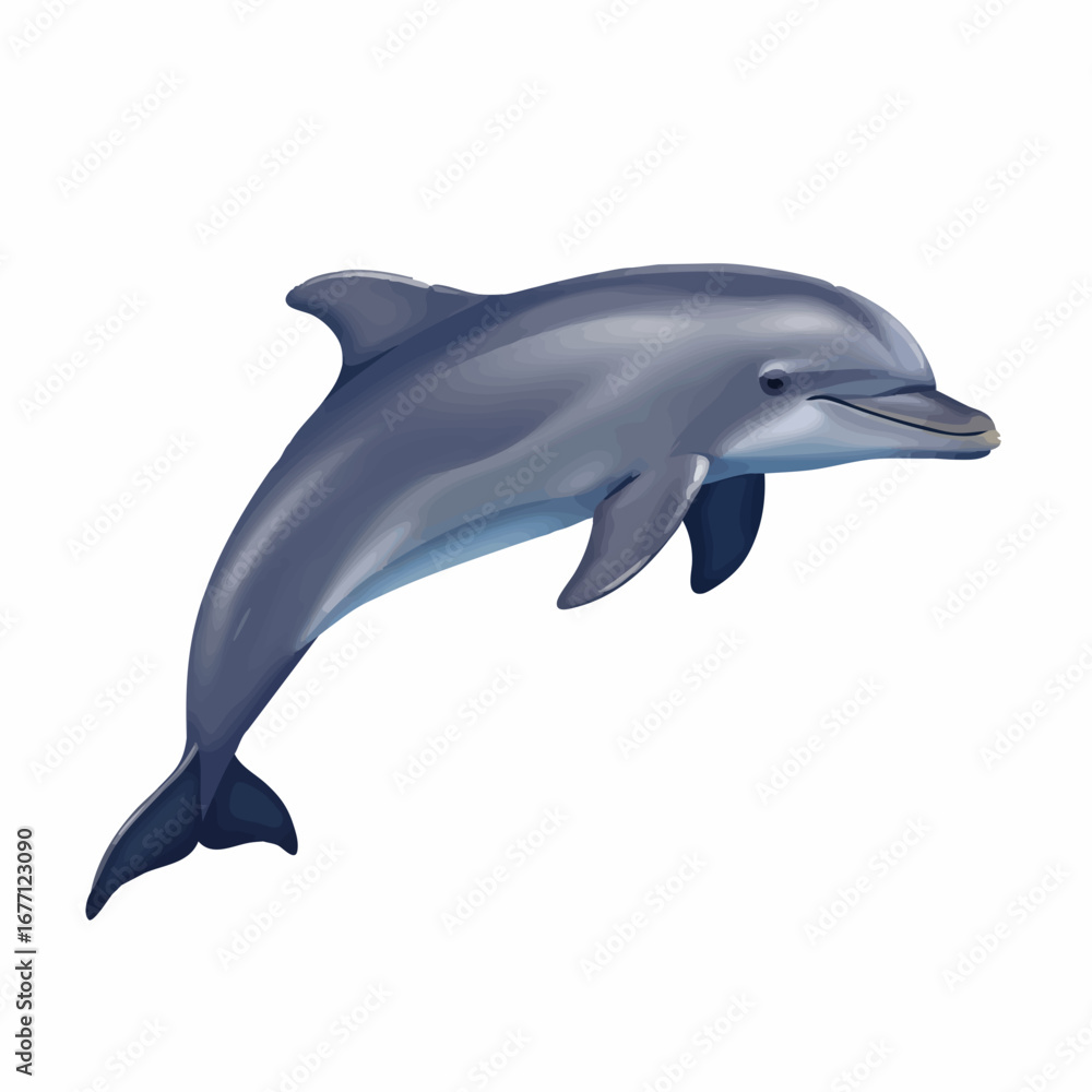 Obraz premium A cheerful and friendly bottlenose dolphin illustration, leaping gracefully with a happy smile, isolated on a clean white background