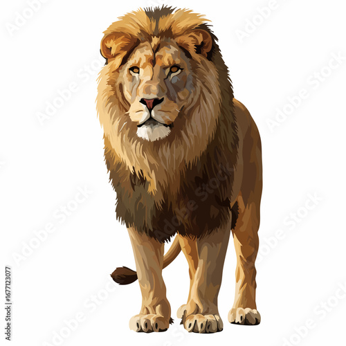 A majestic full-body illustration of a powerful male lion standing tall, showcasing its beautiful mane and regal presence against a clean white background