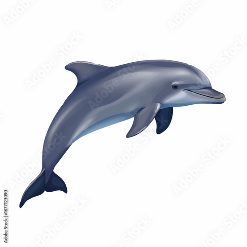 A cheerful and friendly bottlenose dolphin illustration, leaping gracefully with a happy smile, isolated on a clean white background