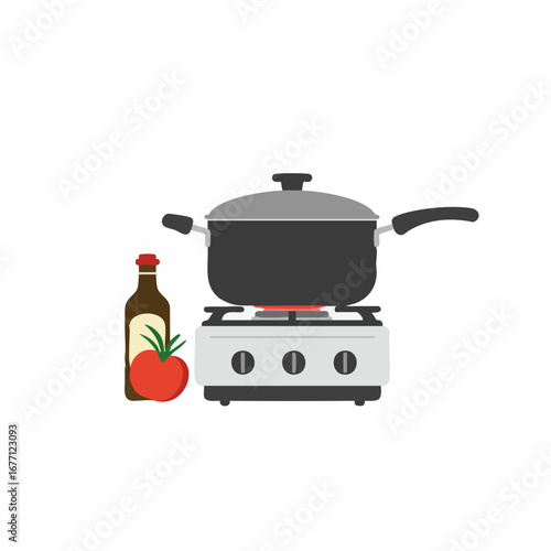 Preparing a delicious homemade meal with a cooking pot on a portable gas stove, accompanied by fresh tomato and oil
