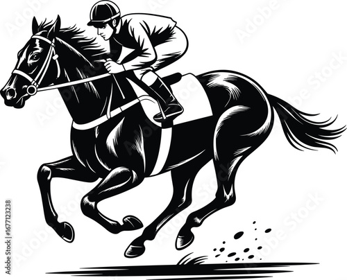 Equestrian jumping horse, black and white line art illustration, competitive rider, show jumping scene, elegant sports horse drawing