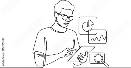 Minimalist line art of a person using a tablet with business analytics icons on a clean white background