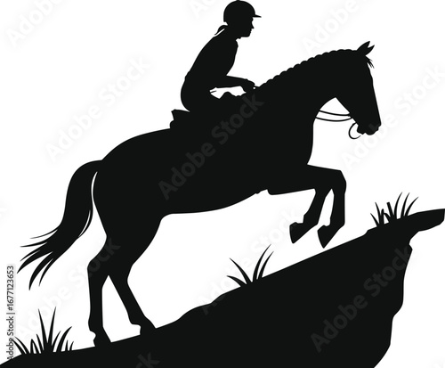Black silhouette of a majestic king riding a horse with a crown and scepter, medieval royalty, powerful and noble figure.