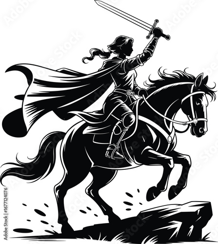 Heroic knight silhouette on rearing horse with sword and cape, black and white vector illustration of medieval warrior scene
