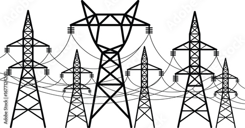 High voltage electricity pylons, black and white illustration, power transmission lines, energy infrastructure, electrical grid network, utility towers, vector art