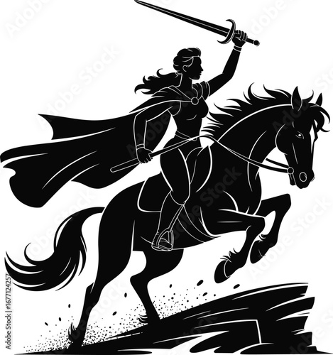 Heroic knight silhouette on rearing horse with sword and cape, black and white vector illustration of medieval warrior scene