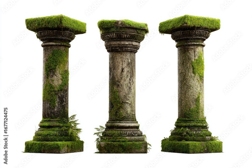 Fototapeta premium Three weathered stone pillars, overgrown with moss