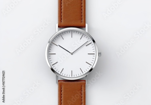 Wallpaper Mural A minimalist wristwatch with a light brown leather band and a white dial.  The watch face is clean and simple, featuring slim hands and hour markers. The band is a rich, tan leather Torontodigital.ca
