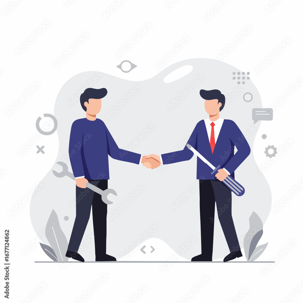 Fototapeta premium Professional business partnership concept with a businessman and a technician shaking hands to seal a service agreement