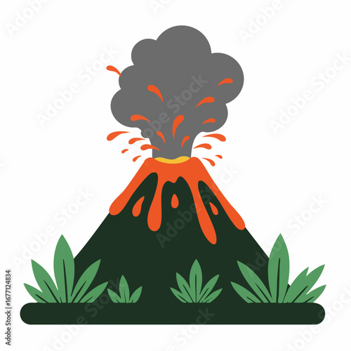 Dynamic flat illustration of a powerful volcanic eruption, with vibrant orange lava and a dark ash cloud rising from the crater, set in a prehistoric jungle
