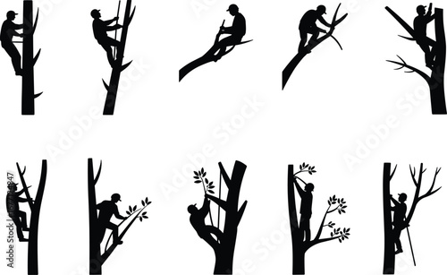 Set of arborist silhouettes climbing trees, tree cutting workers illustration, forestry maintenance graphic, black and white tree service artwork