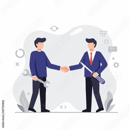 Professional business partnership concept with a businessman and a technician shaking hands to seal a service agreement