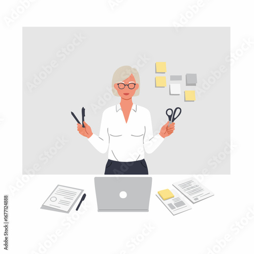 A vector illustration of a professional businesswoman at her desk multitasking and managing a heavy workload in an office environment