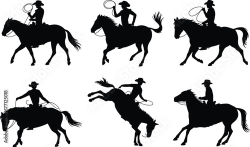 Set of six cowboy on horseback silhouettes, black western rider collection, ranching scene, rodeo cowboy illustration, wild west graphic art