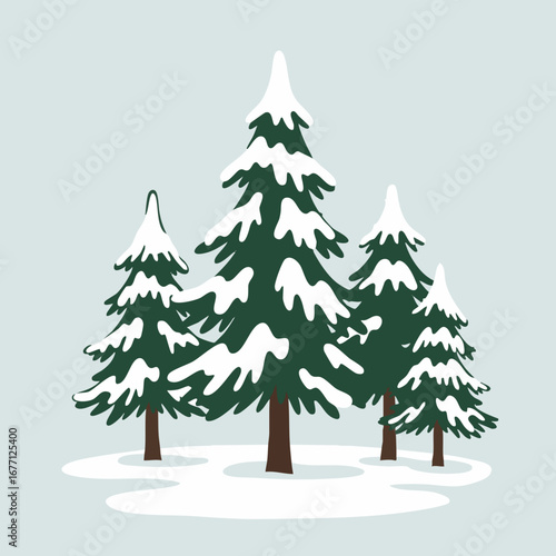 Vector illustration of a serene winter forest with snow-covered evergreen pine trees on a light background