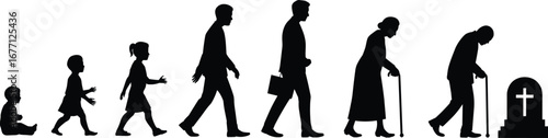 Silhouette of human life stages from childhood to death, black and white aging timeline, life and mortality concept illustration