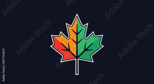 Vibrant maple leaf design symbolizing seasons changing with bold colors on dark background.