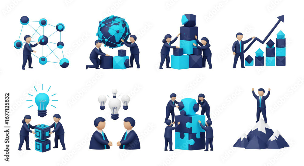 Naklejka premium Building Success Together: A 3D Icon Collection for Global Teamwork and Strategy