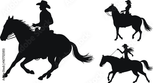 Silhouettes of cowboy and cowgirls riding horses, black and white western equestrian illustration, horseback riding concept, rural lifestyle artwork