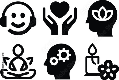 Mental health and well-being icons self-care mindfulness meditation therapy and peace concepts