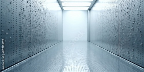 A reflective, wet, metallic corridor with perforated walls, illuminated by bright overhead lights