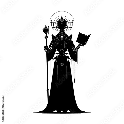 Cyber Occult Cleric - Techno Priest Silhouette in Processional Stance, Black and White Emblem for Stencil and Engraving